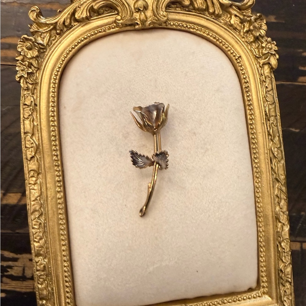Long Stem Rose 2” Brooch Pin Vintage Estate Jewelry Gold & Silver Tone Romantic